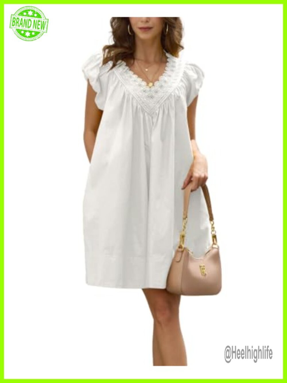 Women's Cotton Mini Dress Scalloped Trim V-Neck Puff Sleeve A-Line